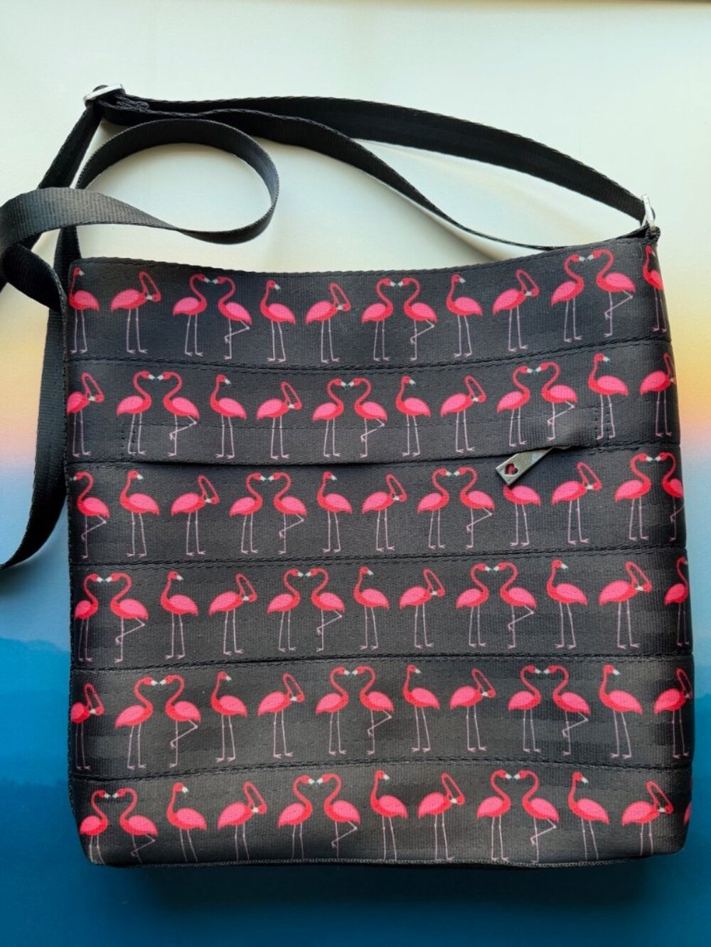 Harveys Seatbelt Bags Flamingo print Streamline Crossbody with Hang Tag & Charm